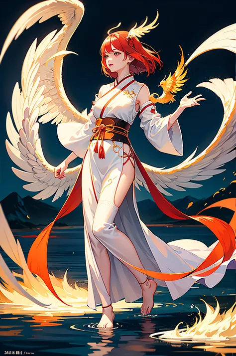 A beautiful Chinese girl standing on the water, misty reflection, a huge phoenix divine bird in the sky, magic, fantasy, dynamic posture, composed of colorful glowing flames, delicate face, delicate eyes, long black and golden hair, wearing amber and sky b...