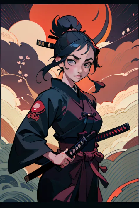 (Masterpiece, Best Quality), 8k Wallpaper, highly detailed, sexy female ronin, samurai, cherry blossom flowers border, japanese tattoos,  katana, japan, night, moonlight, vector style art, erotic, movie poster style, lettering.