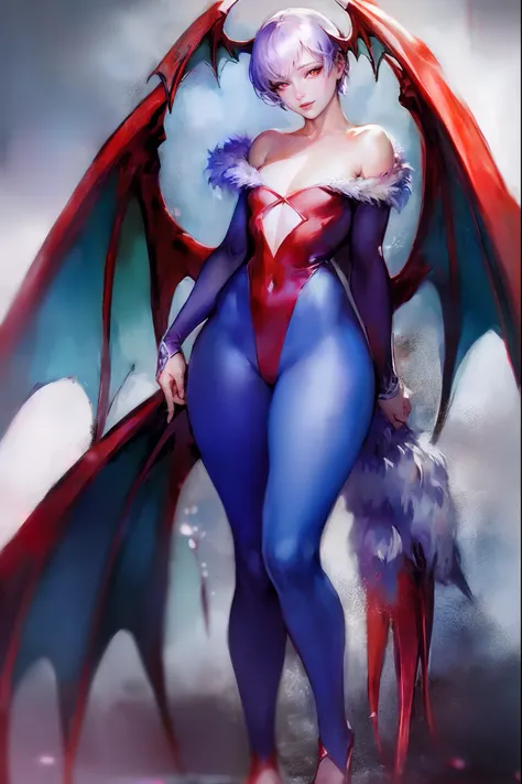 (best quality,masterpiece:1.2),intricate details,beautiful detailed eyes,beautiful detailed lips,extremely detailed eyes and face,longeyelashes,darkstalkers_lilith modeseven,super curvy,comic style,vibrant colors,standing,innocent, full body, standing, smi...