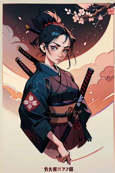 (Masterpiece, Best Quality), 8k Wallpaper, highly detailed, sexy female ronin, samurai, cherry blossom flowers border, japanese tattoos,  katana, japan, night, moonlight, vector style art, erotic, movie poster style, lettering.