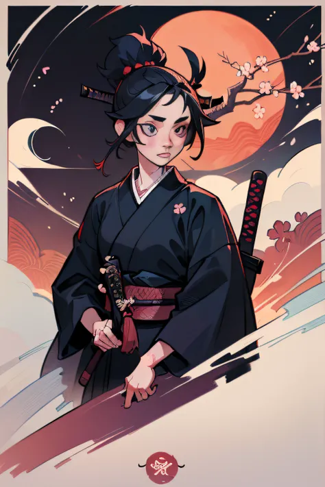 (Masterpiece, Best Quality), 8k Wallpaper, highly detailed, sexy female ronin, samurai, cherry blossom flowers border, japanese tattoos,  katana, japan, night, moonlight, vector style art, erotic, movie poster style, lettering.