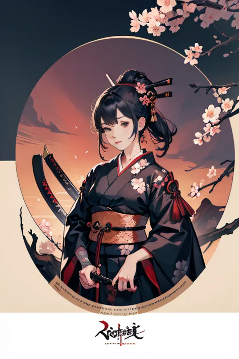 (Masterpiece, Best Quality), 8k Wallpaper, highly detailed, sexy female ronin, samurai, cherry blossom flowers border, japanese tattoos,  katana, japan, night, moonlight, vector style art, erotic, movie poster style, lettering.