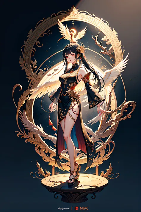 A beautiful Chinese girl standing on the water, misty reflection, a huge phoenix divine bird in the sky, magic, fantasy, dynamic posture, composed of colorful glowing flames, delicate face, delicate eyes, long black and golden hair, wearing amber and sky b...