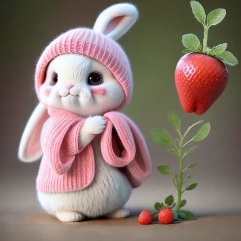 : 3. bunny, realistic, furry animal, apple, black eye, blush, cherry, food, fruit, full body, hat, non-human, strawberry, tomato, watermelon