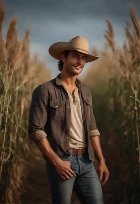 a realistic Full body portrait of a jchan man with messy hair, (Detailed face), (perfect eyes), (highly detailed skin:1.1), (Smiling:1.3), slim body, ((dressed as a farmer with old dirty jeans)) , Fashion Photography, soft lighting, PHOTOREALISTIC, Realist...