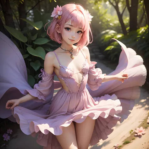 One girl in a pink dress, Realistic, (Looking at Viewer:1), (ulzzang-6500:0.66), Thin thighs, Bare legs, Skinny Legs,Dappled sunlight, Best Quality, 超A high resolution, (Photorealistic:1.4), Yaemiko, Short hair, Pink hair,  Yae_Sakura, Jewelry, cherrybloss...