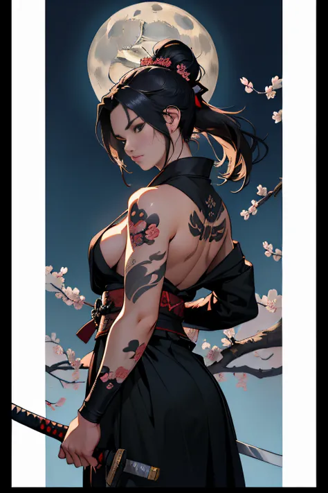 (Masterpiece, Best Quality), 8k Wallpaper, highly detailed, sexy female ronin, samurai, cherry blossom flowers border, japanese tattoos,  katana, japan, night, moonlight, vector style art, erotic, movie poster style, lettering.