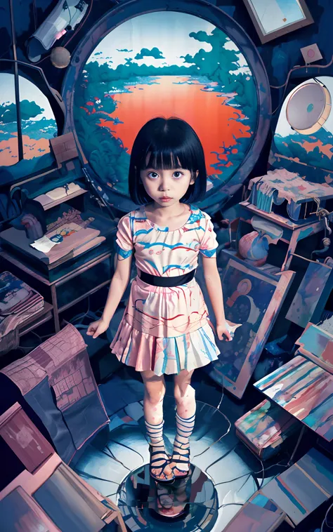 Painting of a little girl standing in a room with a mirror, junji ito 4 k, inspired by Josan Gonzalez, pop japonisme 3 d ultra detailed, by Jason Teraoka, josan gonzales, makoto shinkai cyril rolando, In the style of Katsuhiro Otomo, shintaro kago, satoshi...