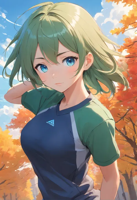 Detailed caricature, Young Caucasian girl with ash green straight hair and blue eyes,, full bodyesbian, Black sporty clothes and big breasts, Autumn sky,hightquality, High resolution, 8K, hard disk, (Well-designed body)