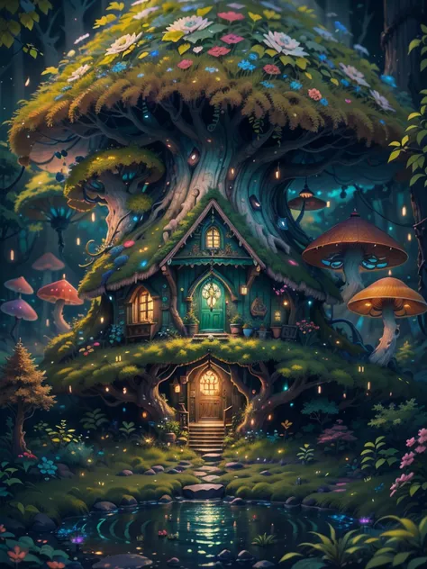 an illustration of the enchanted forest, with tall green trees, small colorful house in a fantasy mushroom in the center, magic, centered, symmetry, painted, intricate, volumetric lighting, beautiful, rich deep colors masterpiece, sharp focus, ultra detail...