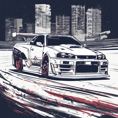 Design for t-shirt, flat design, Nissan Skyline GTR R34 car drifting, lineart, vector art, car detail, professional shooting, white background, square frame, silhouette, Realistic car