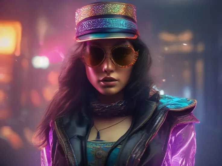 Female, Flat and vibrant colors, head to shoulder, swimwear design, with colorful hat and sunglasses, highly intricate details, sharp, clear focus eyes. Spotlight, luminism., cinematic, 4k, epic Steven Spielberg movie still, sharp focus, emitting diodes, s...