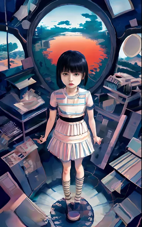 painting of a little girl standing in a room with a mirror, junji ito 4 k, inspired by josan gonzalez, pop japonisme 3 d ultra d...