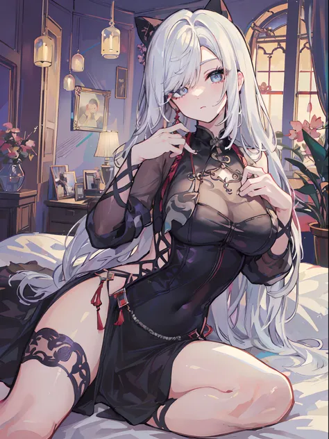 ((beautiful lighting, best quality, 8k, masterpiece: 1.3)), 1girl, perfect body beauty, ((white hair)), ((black dress: 1.4)), (i...