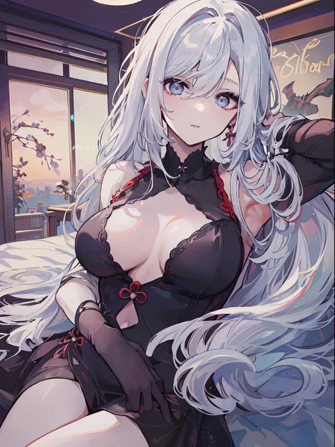 ((beautiful lighting, best quality, 8k, masterpiece: 1.3)), 1girl, perfect body beauty, ((white hair)), ((black dress: 1.4)), (i...