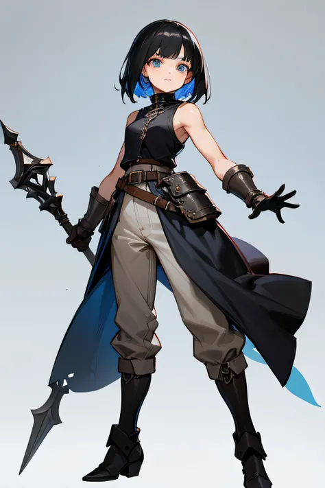 Female, 1 girl, halfling, fighter, black hair, sltyle hair: bob hair, eyes blue, white skin, body short height, small breasts, top part a sleeveless black shirt with a high collar fitted to the body, clothes: long leather gloves, large pants with belts, ar...