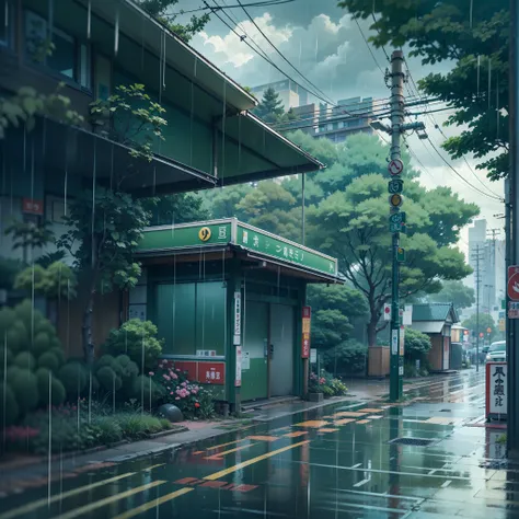 raining, gloomy weather. Japanese bus stop, surrounded by trees and vegetation on one side of the street and modern japanese buildings on the other side. Best quality. No one in sight. Anime. Anime style. lofi. dramatic weather. wide view, wide angle. Next...