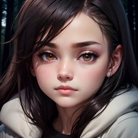 Dark forest, thick spruce, a fire burns, next to which a girl sits, her face is dissatisfied, dark hair, a black sweatshirt, the girl is drawn in anime style