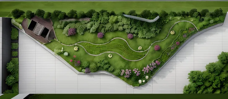 master plan, render, landscape, realistic, corlorful garden, green grass course