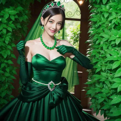 emerald tiara, Green Pearl Necklace, Boyish very short black hair, lipsticks, Japan woman smiling, very short short hair, fist, big breasts beautiful, Green eyes, Long green gloves made of satin material, Green eyes, Emerald Earrings