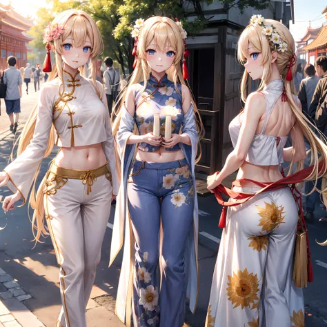 女の子 1 人、a blond、Long、Blue eyes、radiant eyes、croptop、skinny pants、active、the setting sun、florals、suns 、chinese clothes