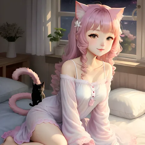 Anime Cat girl pink cute in white nightgown