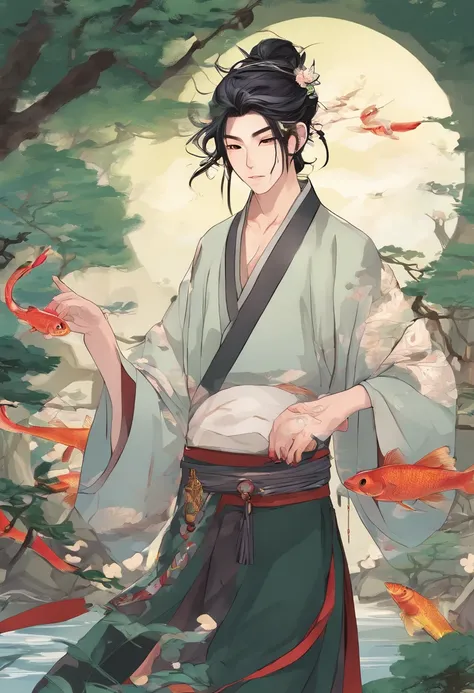 A male character，The incarnation of Shirasawa，Polytechnic male painting style。He has dark green hair，The hair is somewhat scattered and broken，and gentle eyes，The eyebrows reveal wisdom and calmness。The expression is lazy，Silver wire glasses，White Hanfu，An...