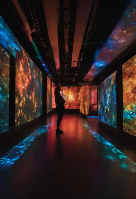 Digital Media Art Interactive Installation；Depth、A venue with a sense of space and strong perspective；Someone interacts with the installation