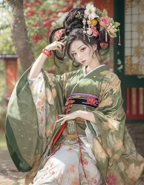 (beautiful model as courtesan in Japanese epic drama:1.3, Date Hyogo hairstyle:1.6, Oiran-style:1.4), (solo), ((face is 80% beauty and elegance, 20% pretty and cute):1.5), (Her roots are in Eastern Europe and Asia), clear eyes, (detailed eyes, light green ...