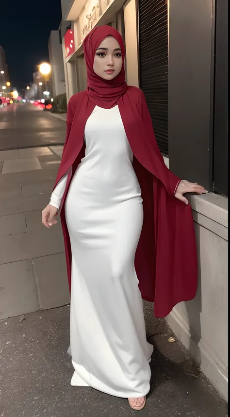 ((Realistic lighting, Best quality, 8K, Masterpiece: 1.3)), Focus: 1.2, 1 malay girl in hijab, Perfect Figure: 1.4, Slim Abs: 1.1, ((Dark red hijab)), (White dress: 1.4), (Outdoor, Night: 1.1), City streets, Super fine face, Fine eyes, Double eyelids,