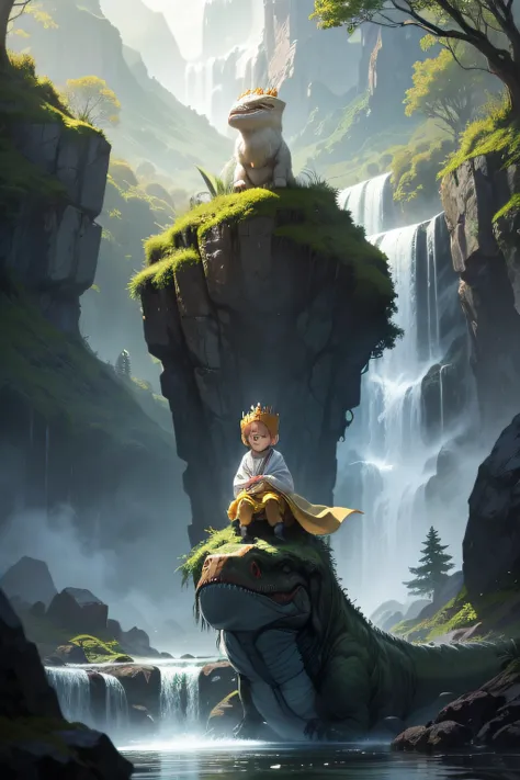 Create an illustrative image of a small one-year-old child on top of a tyrannosaur in a forest with a waterfall behind it. The child is wearing a golden crown on his head and wearing white robes