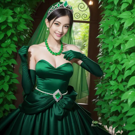 emerald tiara, Green Pearl Necklace, Boyish very short black hair, lipsticks, Japan woman smiling, very short short hair, fist, big breasts beautiful, Green eyes, Long green gloves made of satin material, Green eyes, Emerald Earrings