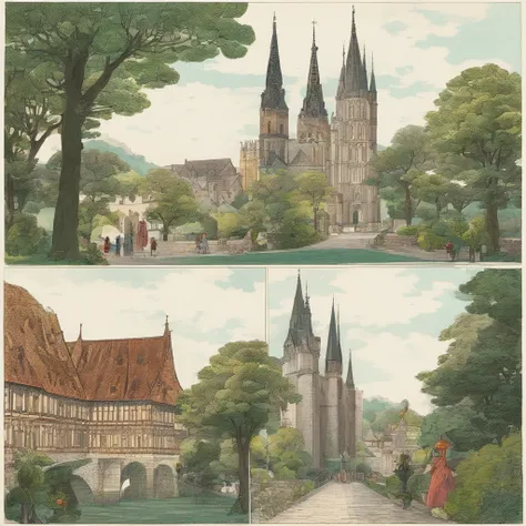 On the left of the picture, a majestic Gothic church has collapsed，There is an ancient castle in the distance at the bottom right of the picture，The castle has four towers and a garden，The layout resembles the gardens of the Tuileries Palace，The side is co...