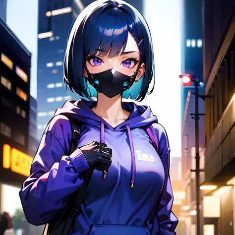 1girl, short blue hair, bob cut, purple eyes, face mask, medium breast, blue hoodie, black baggy pants, black gloves, cyberpunk, neon, solo, best quality, masterpiece, portrait, night city background, looking at the camera, from the front, 1result, vibrant...