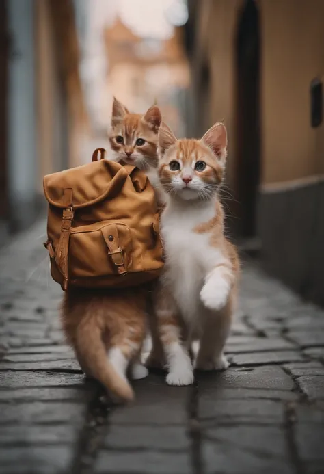 I have two little kittens, a cute little cat, cute kittens, Cutest, Incredibly cute, Adorable and cute, And cute and lovely. They are walking down the street with backpacks, Walking together, commute, Proudly walk down the street, And the cat is walking. T...