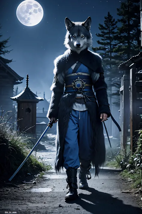 Blue Samurai, ghost, Walk with wolves in haunted villages, Night sky, full moon, Realistic, Full-HD, Best quality