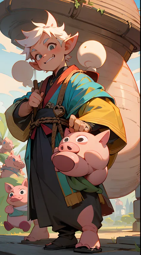 《Journey》charact，male people，Pig-faced man，Pig Bajie，cartoonish style，Masterpiece, Best quality, Highest high resolution,独奏，Wear clothes，Tall，Strong，Rake weapons with nails