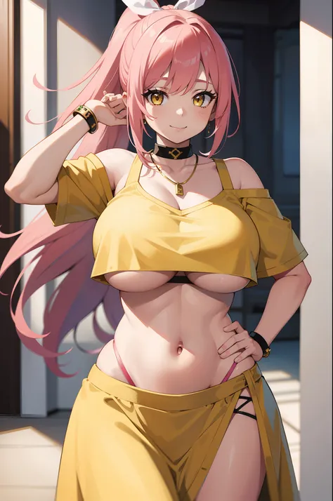 masterpiece, best quality, 4k, pink hair, huge breasts, crop top, ponytail, indoors, necklaces, jewelry, wide hips, gyaru, hair ribbon, yellow eyes, smile, micro skirt, pink theme, 1girl, underboob