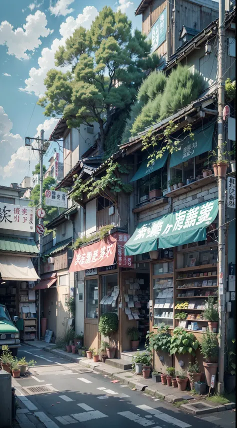 abandoned, slightly overgrown, empty, modern Japanese street. closed shops on either side of the street. trees. plants. plant pots. rocks. air ventilation systems. road works. big Japanese shop signs. retro Japanese shop signs. anime style, anime, lofi sty...