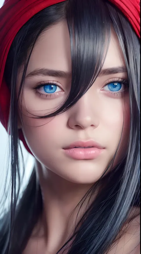 (Best quality,4K,8K,A high resolution,Masterpiece:1.2),Ultra-detailed,(Realistic,Photorealistic,photo-realistic:1.37),beautiful detailed blue eyes,Long black hair in a high bun,Detailed red veil,Portrait,Sharp focus,professional,Vivid colors,Dark backgroun...