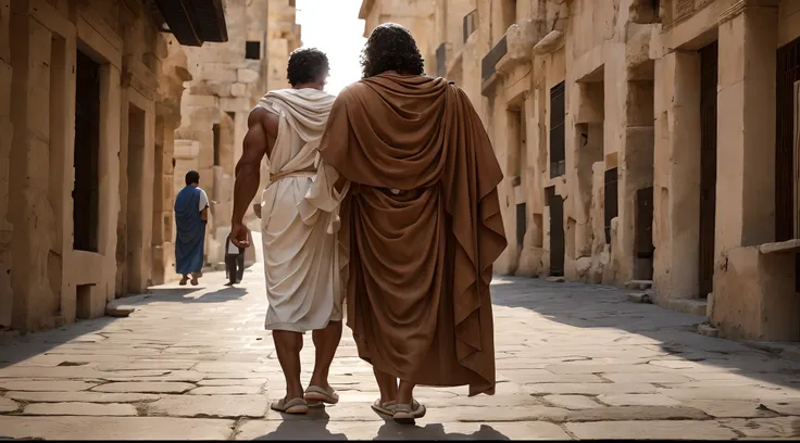 Two men walking, man with ancient robe Ancient Greece before Christ looking like a Greek statue with a muscular body ancient streets, image portrait of Back image moving away from the que Nikon camera, ultra realistic, ultra detailed, image with traces of ...