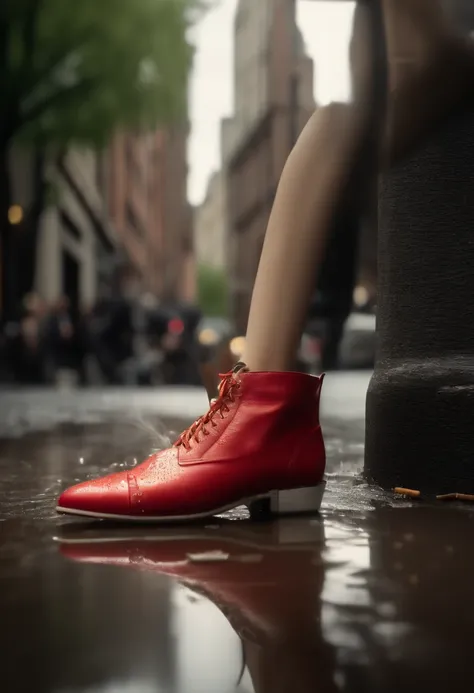 (high quality,photorealistic:1.37),ultra-detailed,a womans high-heeled shoe with red soles and exquisite craftsmanship, walking in a New York street, Low angle, close-up view, (crashing an empty pack of cigarettes:1.9), (rainy night scene:1.1),(shimmering ...