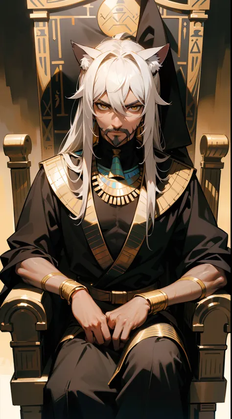 (Original Character,8k, Masterpiece, Best Quality,Detailed, Beautiful Detailed Eyes, solo),1man,40 years old,serious face,tall,mature male,extremely defined muscles,egypt black and golden outfit,egypt blouse,gray hair,long hair,((gray facial hair)),yellow ...