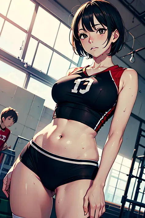 (masutepiece, Highest Quality), High resolution, (illstration: 1.3), Red tight volleyball uniform,1girl in,(Black short hair:1.1), Smaller bust size, Larger hips,Biting bloomers, Short stature, is standing,Sweat,(cowboy shot:1.2), Gymnasium, Cute attractiv...