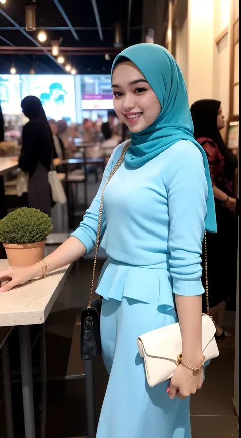 Malay girl in hijab, wear small floral peplum light blue color backless dress , laughing and posing with hand on head, touching her own head, wear handbag, back view, hijab blown, windy, detail skin, age spot, detail skin texture, mole below eyes, small br...