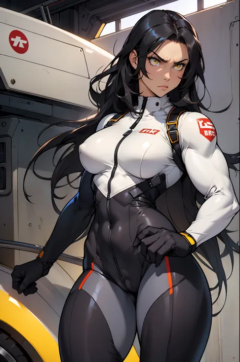 (((muscular 1 girl))) (thick thighs perky breasts wide hips curvy toned body pilot suit bodysuit) angry yellow eyes black hair long hair pale skin