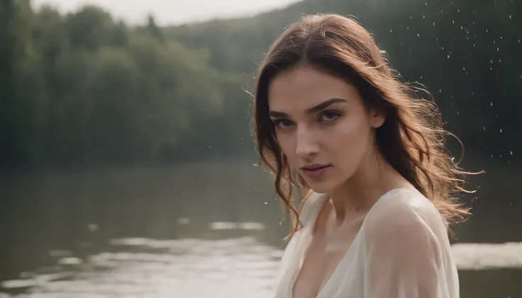 Beautiful Greek girl dancing in a lake in the rain. The girl is 20 years old. She is wearing a white t-shirt and a long Spanish cream skirt. The raindrops on the skin of his body are obvious.