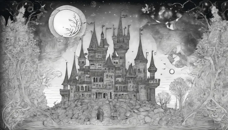 Under the huge castle，In the distance there is a beautiful female magician，Face away from the camera，The moonlight is bright，the huge moon，The figure of the demon filled the entire sky