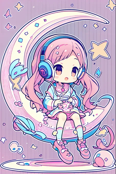 (chibi girl) (simple background) (flat painting style) (kawaii) a girl enjoying music with headphones while sitting on a crescen...