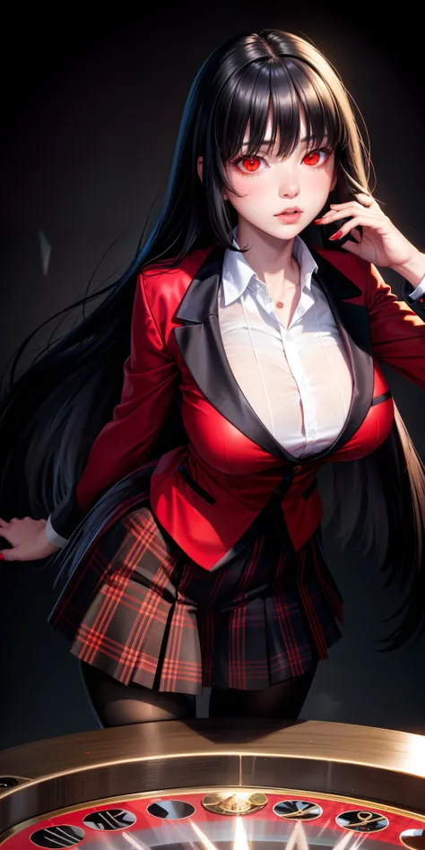 realistic, 1girl, long black hair, red eyes, glowing eyes, red blazer, black plaid skirt, pantyhose, blush, poker table